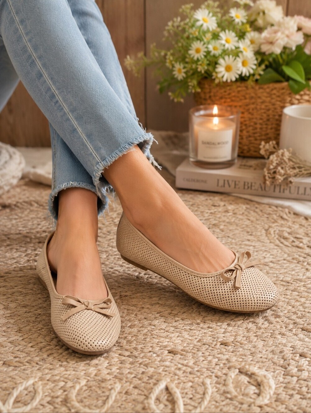 SO Tan Cream Lazer Cut Dots Circles Flats Slip On Shoes Bow Women's 9.5 Cute EUC